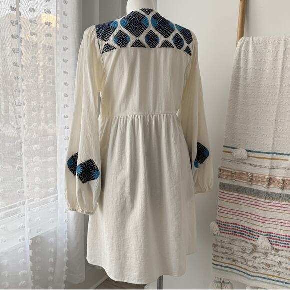 Figue Lucie White Blue Embroidered Pom Pom Long Balloon Sleeves Boho Mini Dress - Picture 7 of 13